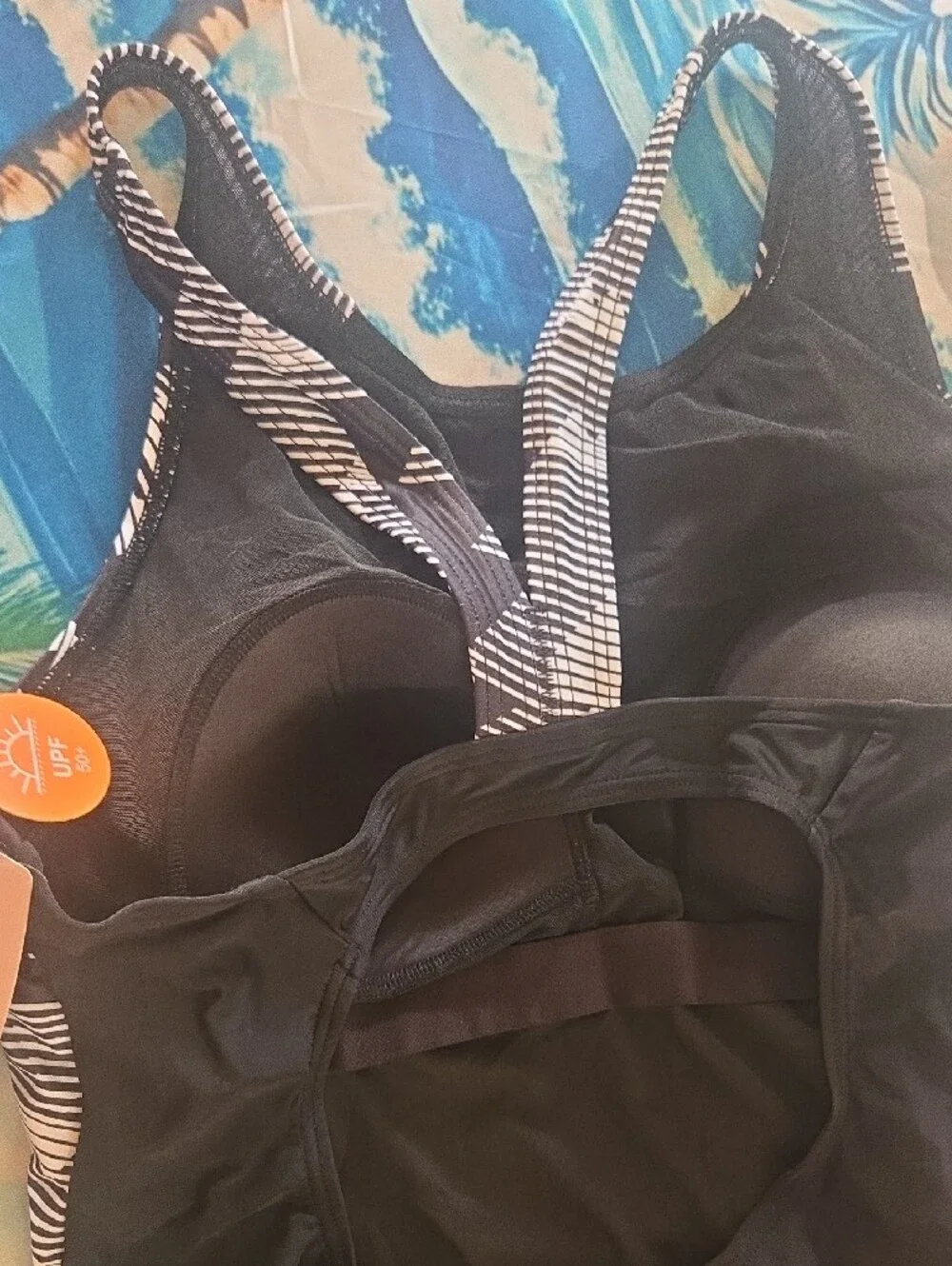 ☆Women's Black One-Piece Swim Suit with Patterned Side Panels Large